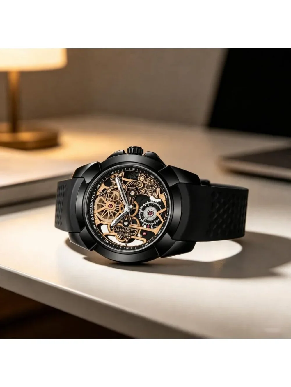 Men's Black Skeleton Luminous Quartz Silicone Strap Round Hollow Dial Watch